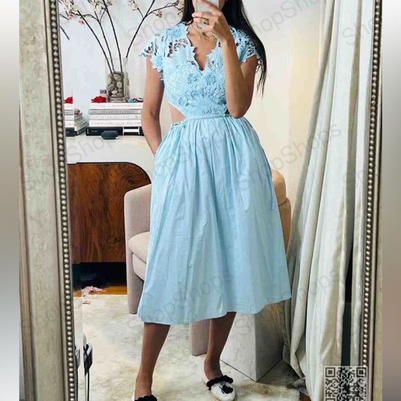 New Blue Crochet Midi Dress w/cut-out sides - Picture 3 of 10